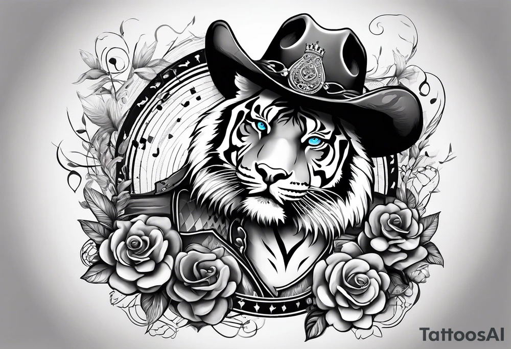 Tiger wearing a crown, blue eyes, cowboy boots with cowboy hat, dolphin and music notes sleeve tattoo idea
