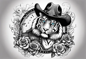 Tiger wearing a crown, blue eyes, cowboy boots with cowboy hat, dolphin and music notes sleeve tattoo idea