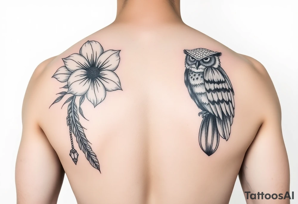 Flower, feather, Mardi Gras beads and a owl 
Arm sleeve tattoo idea