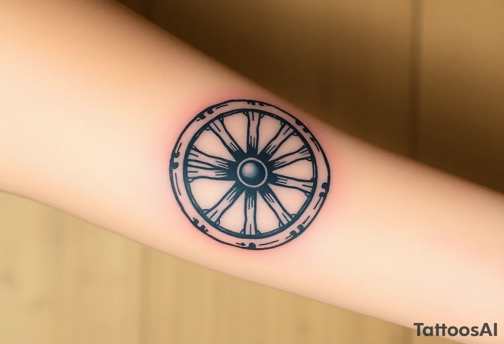 Old wagon wheel with some busted spokes aged and weathered tattoo idea