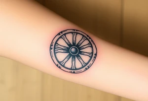Old wagon wheel with some busted spokes aged and weathered tattoo idea