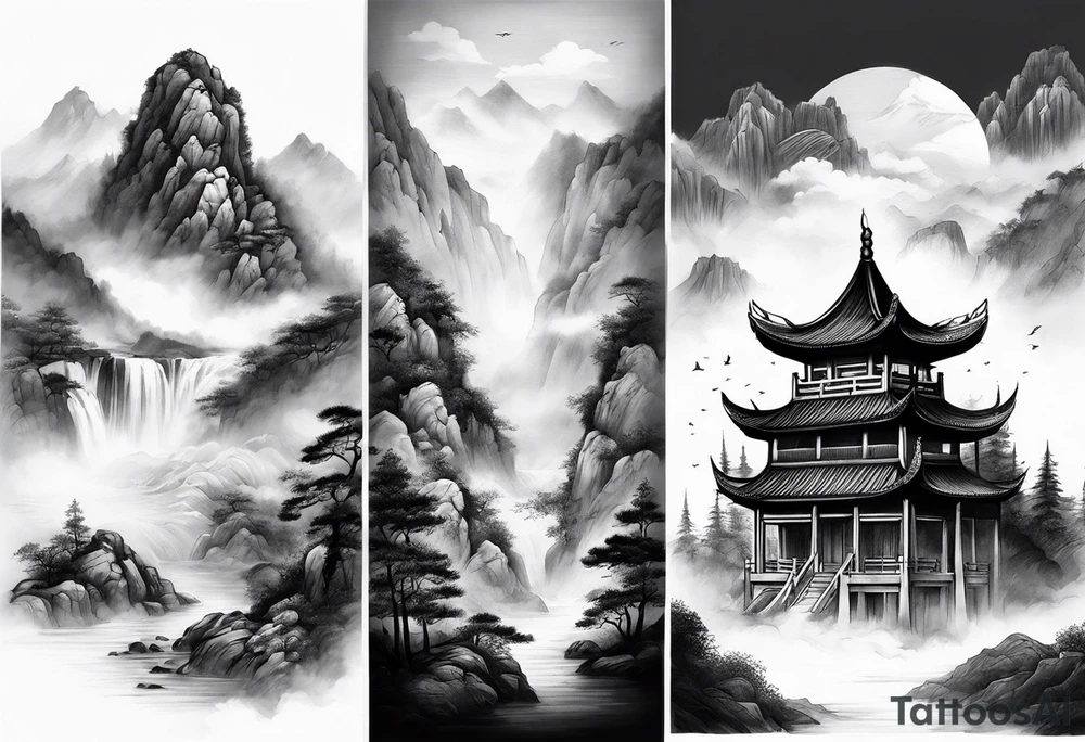 forearm sleeve traditional chinese art painting style mountains mist fog waterfall Chinese temple two figures wearing robes tattoo idea