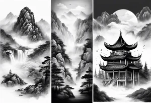 forearm sleeve traditional chinese art painting style mountains mist fog waterfall Chinese temple two figures wearing robes tattoo idea