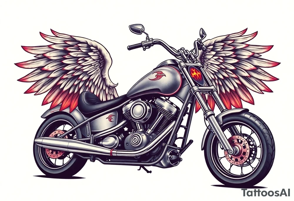 Low rider grey motorcycle, big muffler pipes with flames, angel wings tattoo idea