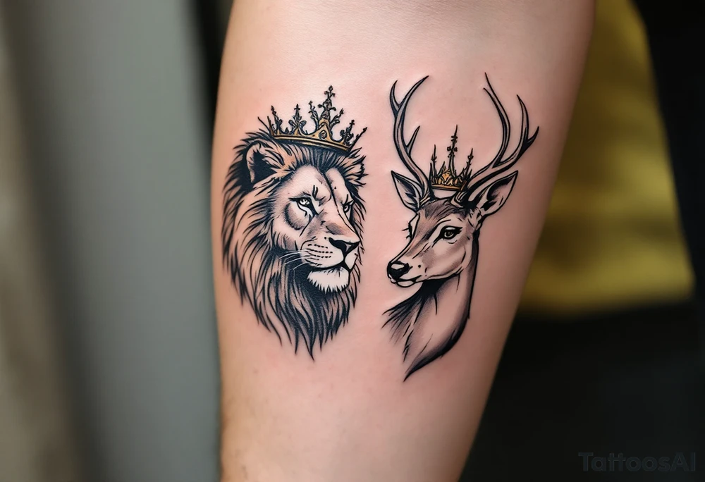 Minimal black line tattoos of matching animal pairs—lion/lioness or stag/doe—each with a crown. tattoo idea