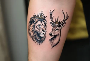 Minimal black line tattoos of matching animal pairs—lion/lioness or stag/doe—each with a crown. tattoo idea