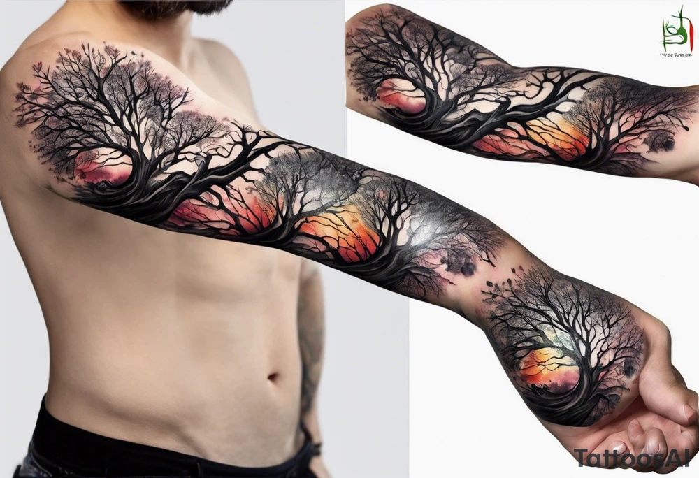 A forearm tattoo portraying a tree progressing from death to life tattoo idea