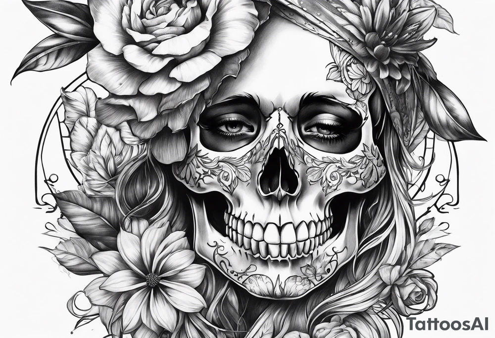 SKULL FULL FACE WITH FLOWER tattoo idea