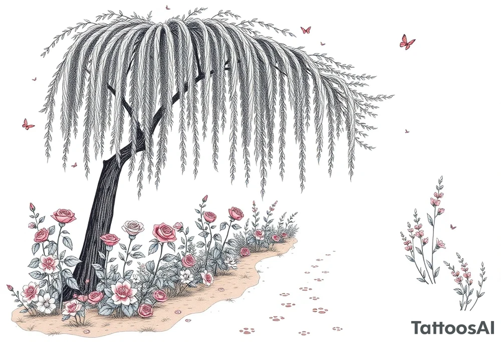 weeping willow garden with roses and liles flower beds. fantasy creatures, fairies, mermiads, dragons butterflies,  cat paw prints path in dirt. tattoo idea