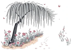 weeping willow garden with roses and liles flower beds. fantasy creatures, fairies, mermiads, dragons butterflies,  cat paw prints path in dirt. tattoo idea