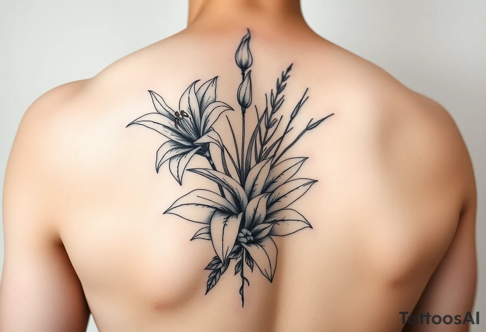 lilies and spider plant in a floral wrap on the arm tattoo idea