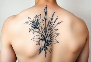 lilies and spider plant in a floral wrap on the arm tattoo idea