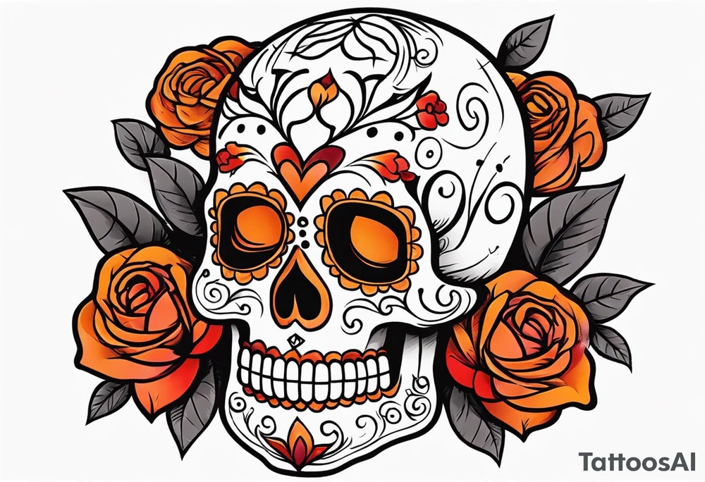 Sugar skull with roses that are orange and red with smoke around it tattoo idea