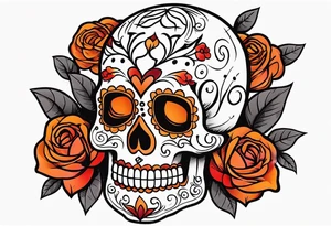 Sugar skull with roses that are orange and red with smoke around it tattoo idea