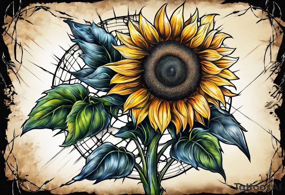 Sunflower, wheat, and barbed wire half sleeve tattoo idea