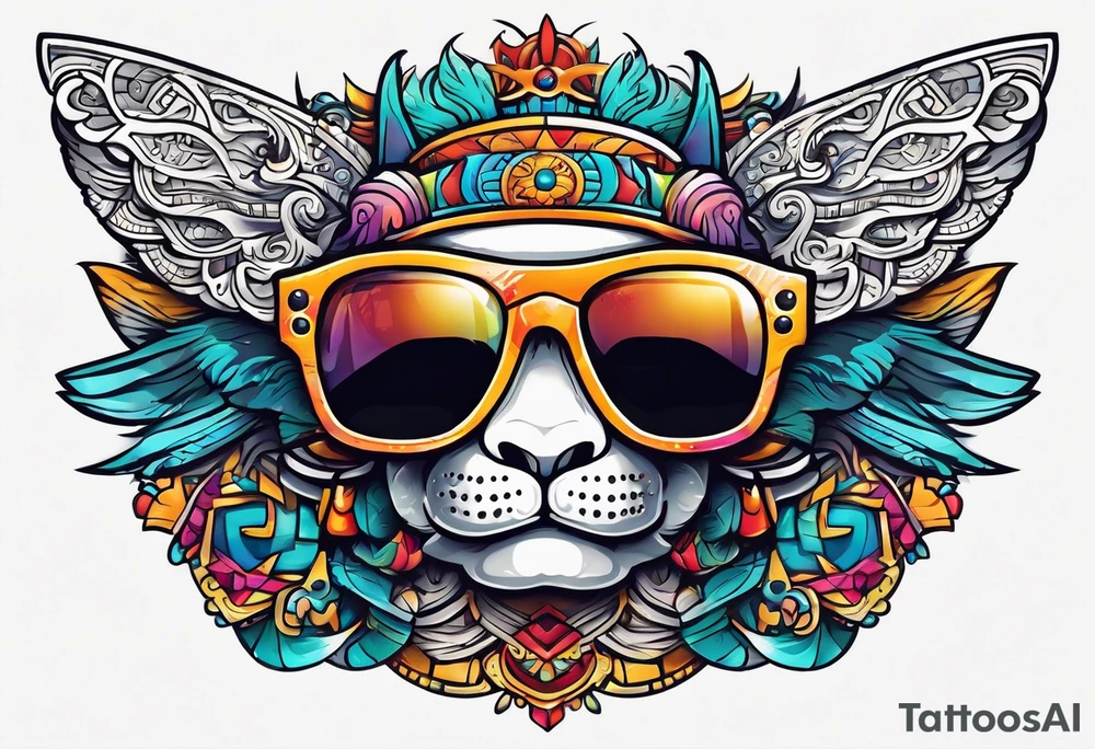 Colorful Mayan hieroglyph wearing sunglasses with waves and bats tattoo idea