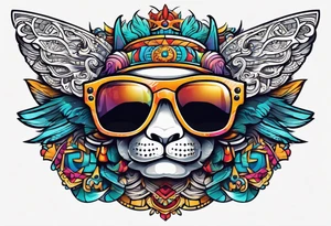 Colorful Mayan hieroglyph wearing sunglasses with waves and bats tattoo idea