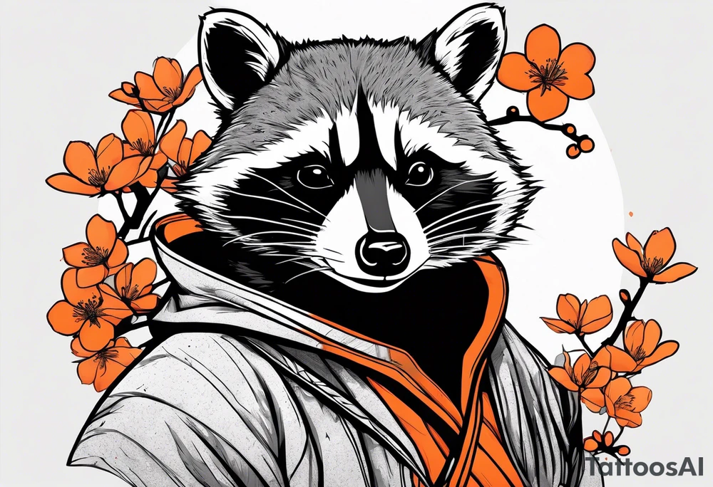 raccoon wearing a black and white Superman hoodie and orange Japanese cherry blossoms tattoo idea