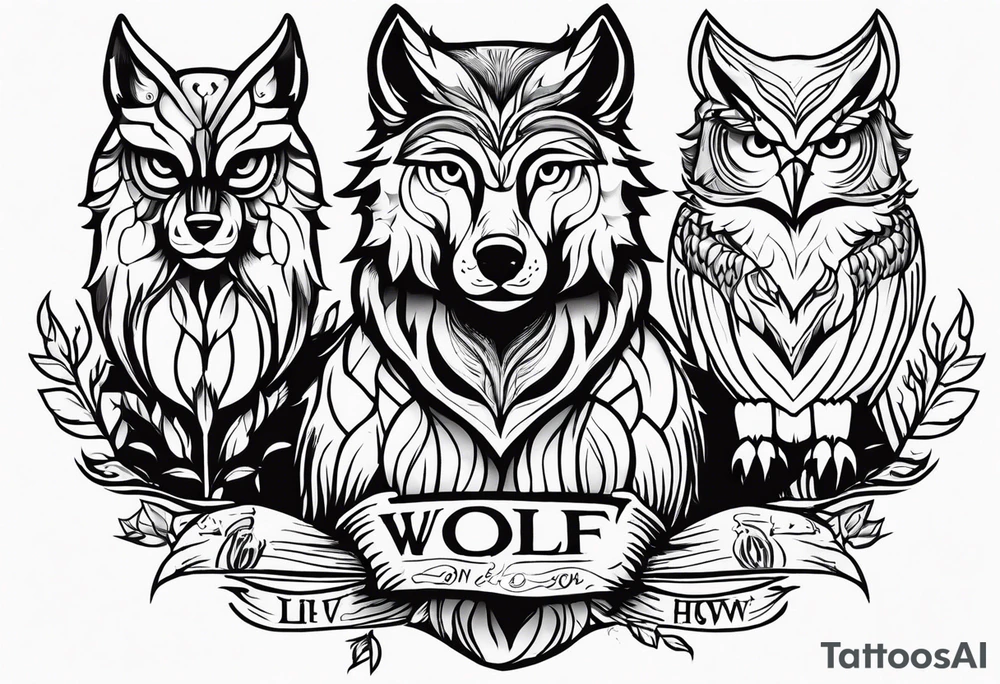 A Wolf as a father, an owl as the son and a lioness as the daughter. tattoo idea