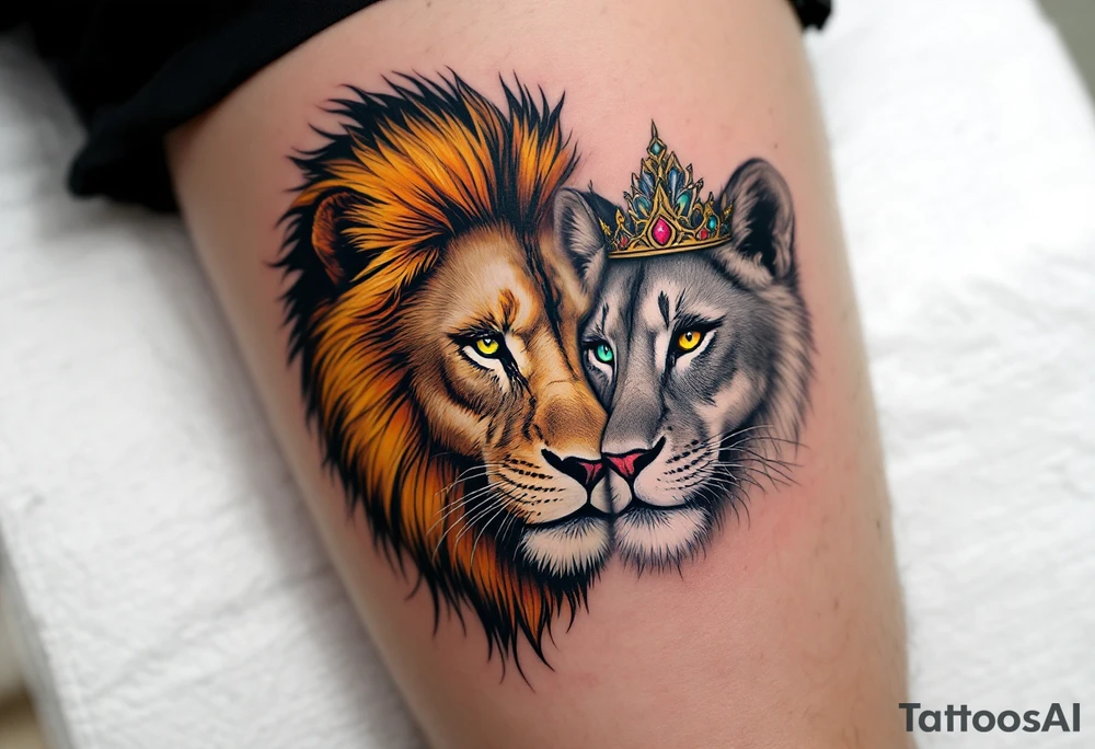 A lion with a golden mane facing a lioness with a silver crown, their eyes inked in piercing green and amber. tattoo idea