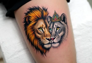 A lion with a golden mane facing a lioness with a silver crown, their eyes inked in piercing green and amber. tattoo idea