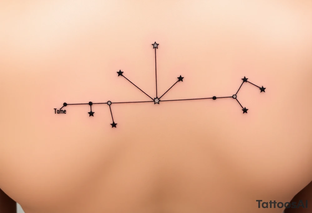 The tattoo idea is a personalized family constellation where each star represents a family member, showing how everyone is connected even across different branches. At the center, you (Sagittarius, Kaus Australis) and your older brother (Aries, Hamal) stand as the link between both sides. On the left, your dad (Capricorn, Deneb Algedi) and your half-brother on his side (Scorpio, Antares) form a shape like an arrow pointing toward the center, symbolizing strength and direction. On the right, your mom (Libra, Zubenelgenubi), your half-brother (Gemini, Castor), and your half-sister (Cancer, Tarf) create a balance-like shape representing harmony and protection. Thin lines connect the stars to form a single constellation, with you and your older brother as the central stars joining both worlds. The design could include just the stars, their names, zodiac symbols, or coordinates in a fine-line, black-ink style, expressing balance, connection, and the eternal bond uniting every member of your family. tattoo idea