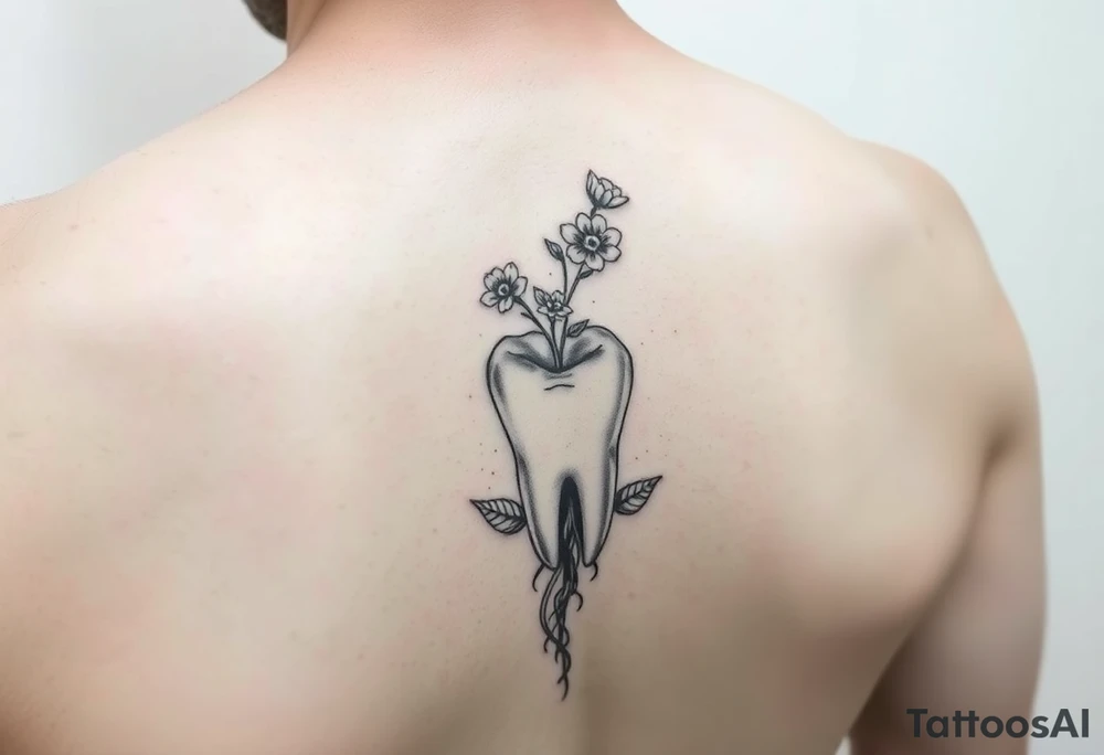A tooth sprouting small delicate flowers and leaves from its root, fine-line minimalist design tattoo idea