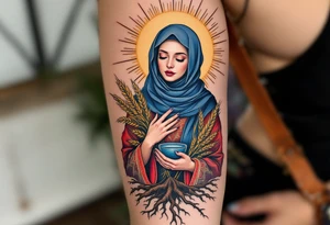 Mokosh – A richly detailed woman in Slavic robes of blue and red, holding wheat and water, framed by earthy brown tree roots and golden rays. tattoo idea