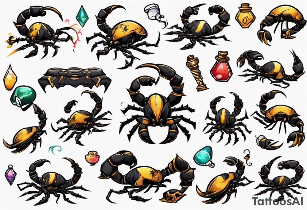 background that represents game development and designs with a scorpion make it magical, and cute tattoo idea