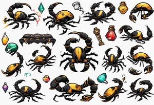 background that represents game development and designs with a scorpion make it magical, and cute tattoo idea