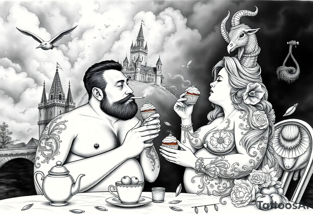 Naked Man and fat woman having sex eating cupcakes and  fruit  having sexy naked fat lady having a tea party with tea pots  with medieval castle  
with mystical  aries a pigs, peacock,  lion, goat, noose and smoking cigerettes looking in the mirror thru storm clouds and broken hearts and darkness and wrath, envy , gluttony, greed, sloth, pride . Gothic tattoo idea