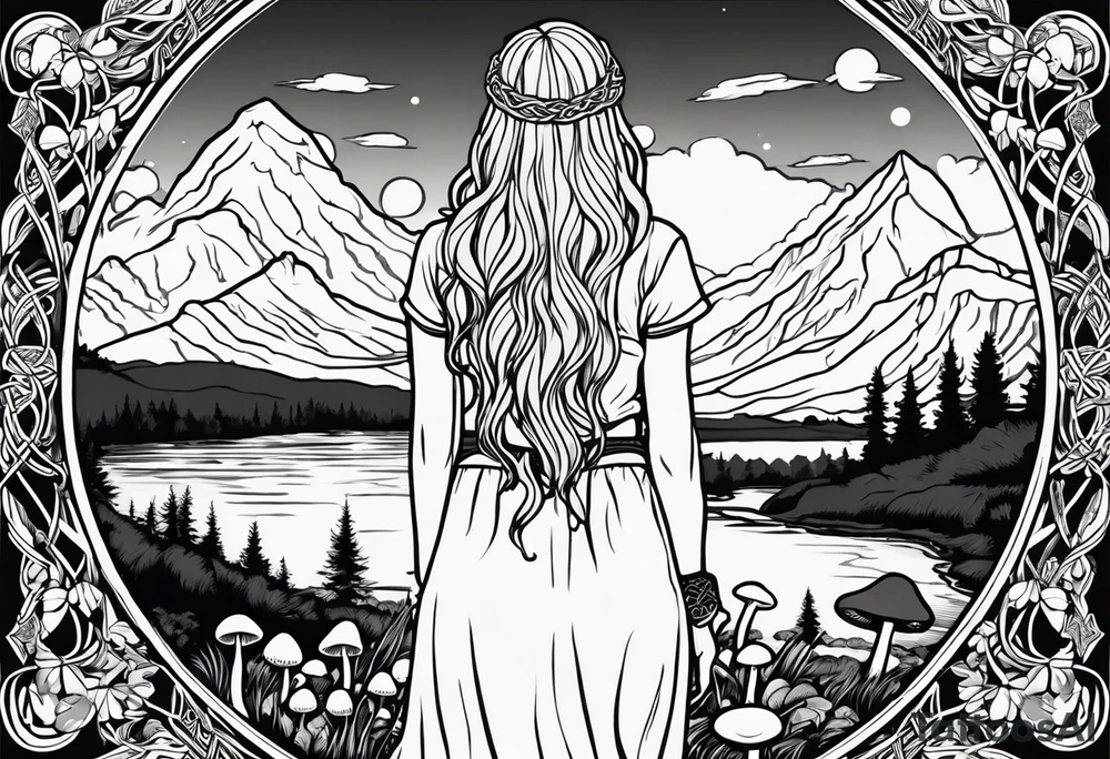 Whole picture encircled fully

Straight long blonde hair hippie girl in distance holding mushrooms in hand facing away toward mountains and creek surrounded by mushrooms long sleeve shirt and hiking pants; whole rendering within a full celtic circle border, no cut off circle tattoo idea