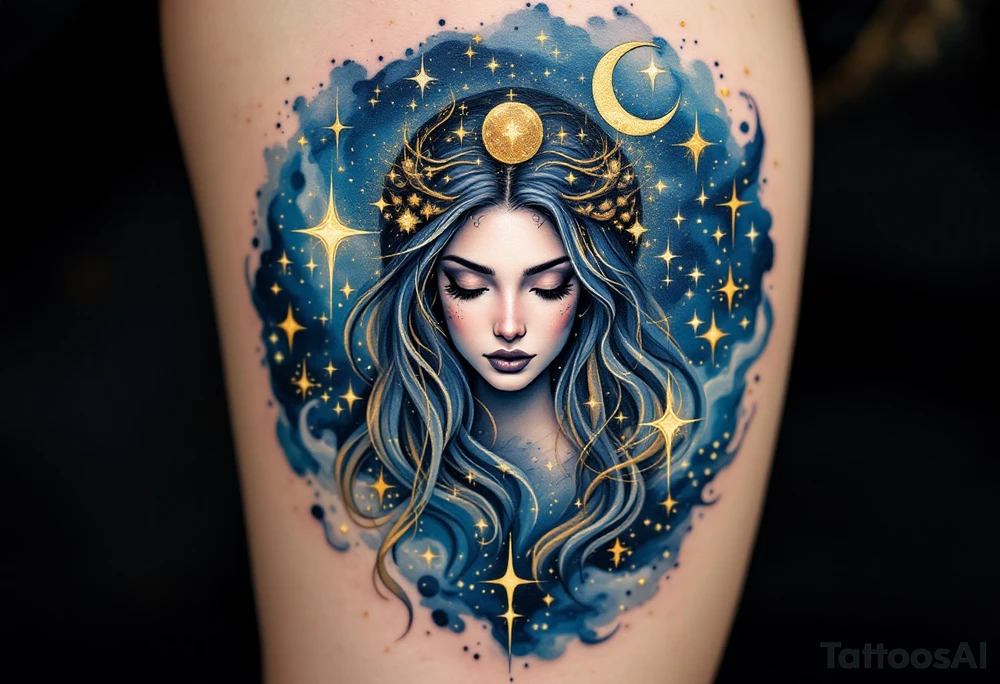 A sleek Virgo figure embedded within a celestial design. Surrounding it are glowing stars, a crescent moon, and swirling cosmic dust in deep midnight blue and shimmering gold, representing Virgo’s connection to intelligence and mysticism. tattoo idea