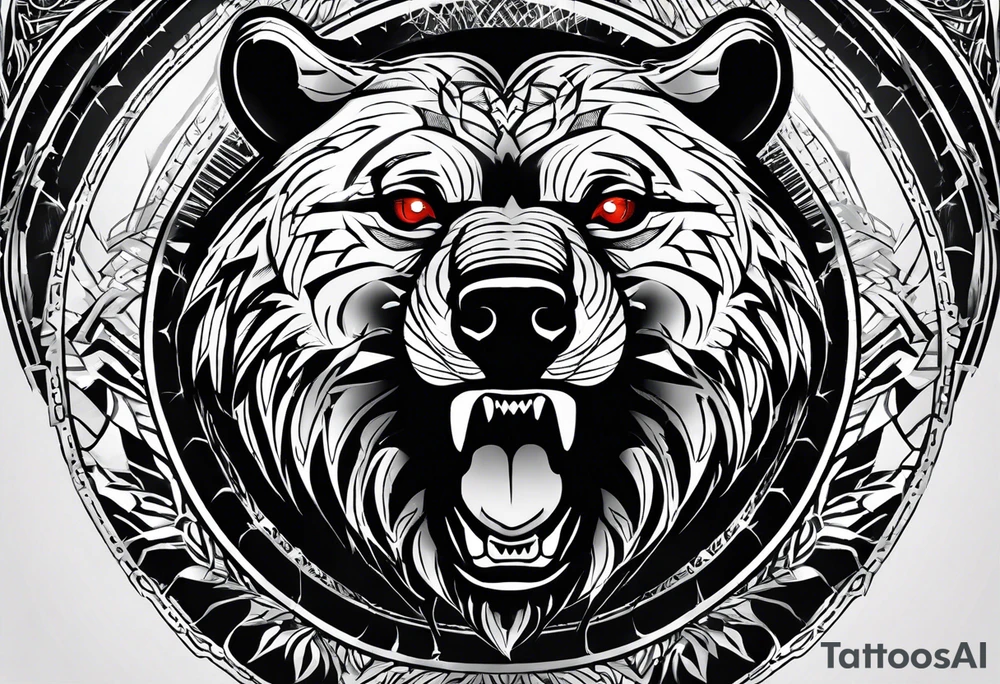 A tattoo designed for the knee, featuring the face of a feral bear with wild, exaggerated features, such as sharp fangs, intense eyes, and a snarling expression. The design incorporates large areas of white space for contrast, with beams of light or energy radiating outward from the beast’s eyes in a chaotic and powerful pattern. The overall look should be bold and primal, with flowing lines that adapt naturally to the curvature of the knee. tattoo idea