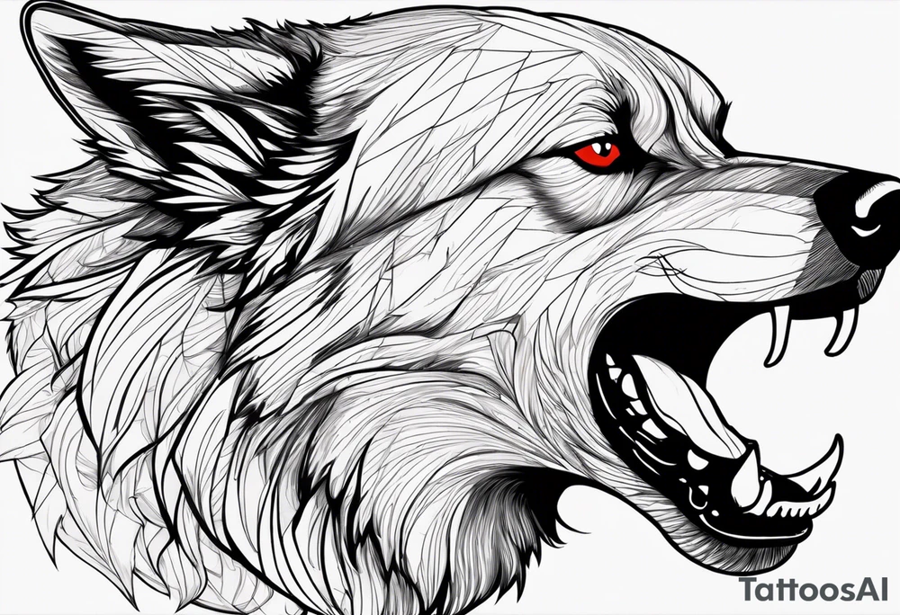Create aggressive, vicious dog, with some blood coming out of his mouth and saliva. Make it a drawing and use the image of reference. I am going to add. I want HIM TO BE ANGRY WITH RED EYES use VICIOUS WOLF THATS ANGRY tattoo idea