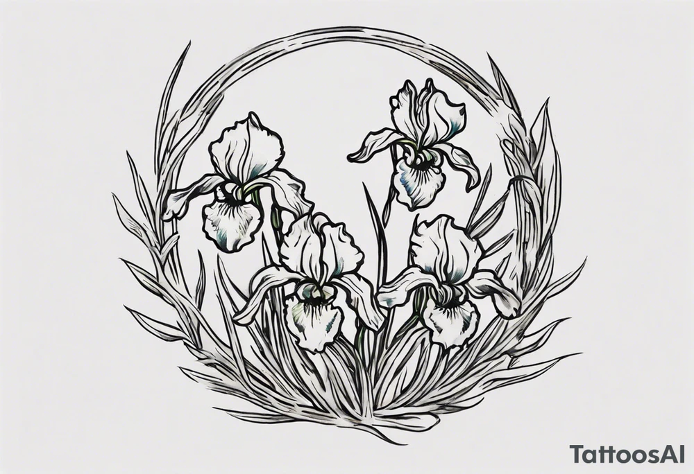 Create a small Vincent van Gogh Irises tattoo. The tattoo should take the form of a crescent, with vines gracefully intertwining at a central point in the middle of the wreath. Ensure that the design avoids the appearance of a bush and maintains a more structured and deliberate arrangement. The intended placement is on the upper chest. The overall design should be small in size while maintaining a delicate and artistic aesthetic. Pay attention to the graceful flow of the vines and the placement of the irises to achieve a refined and elegant look. tattoo idea