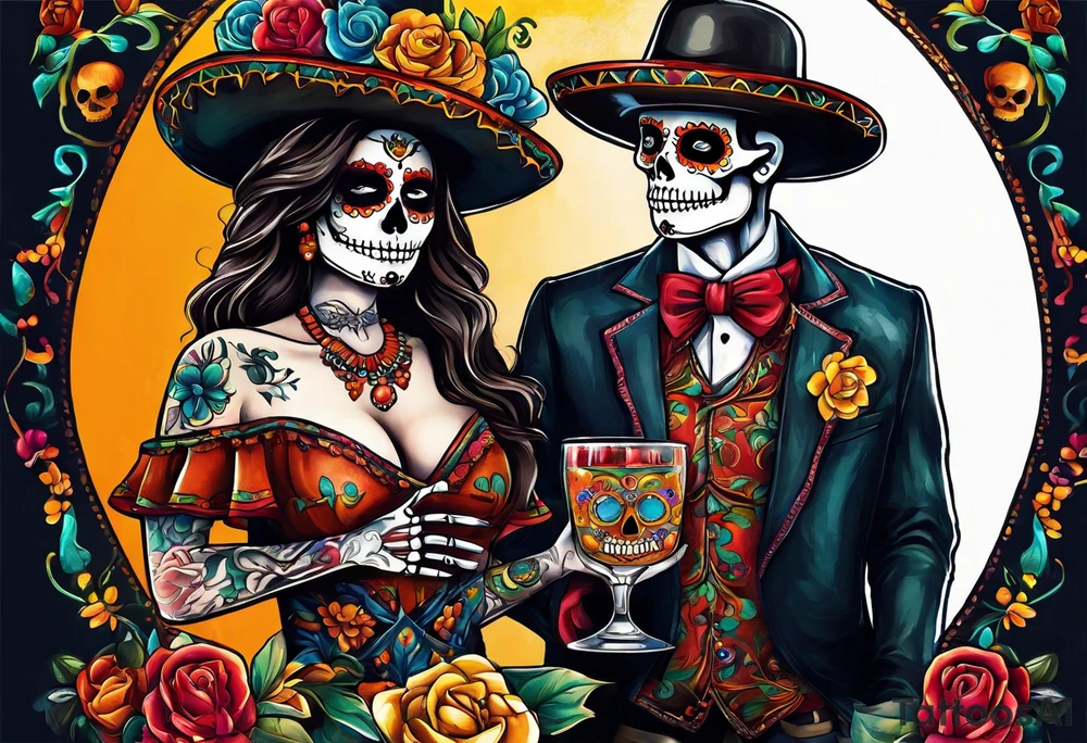 Mexico day of dead  man standing
 skeleton drink tattoo idea
