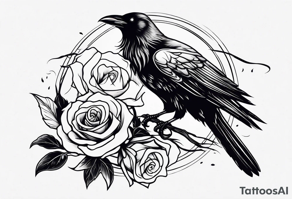a raven holding a rose in a thunderstorm tattoo idea