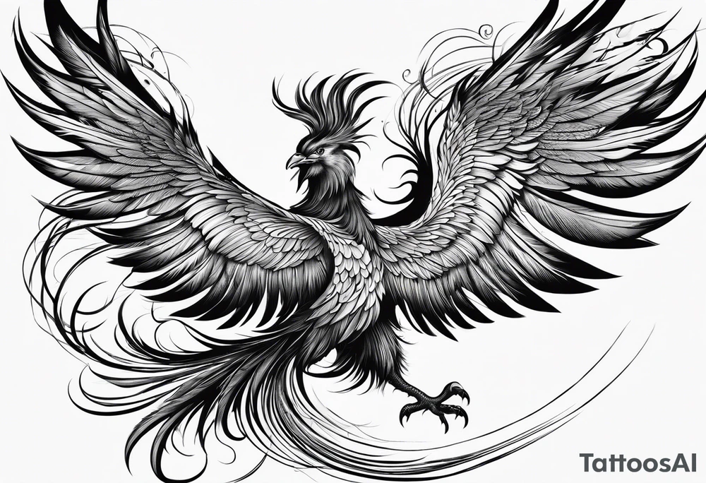 asian elegant long feathered phoenix
in flight tattoo idea