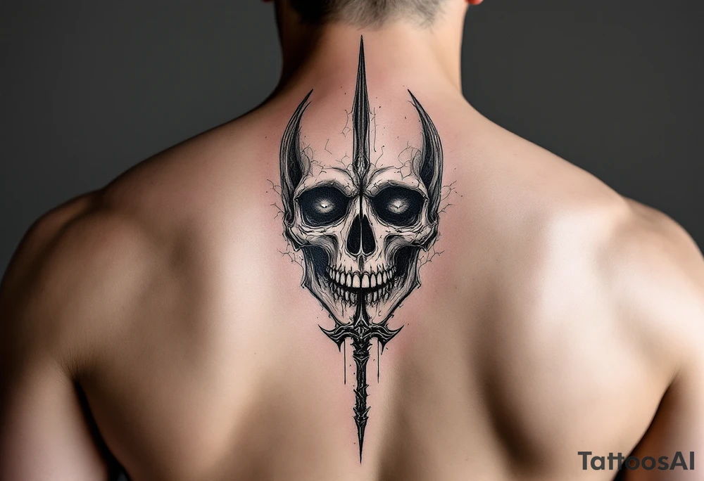 skeleton face behind trident tattoo idea