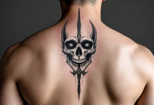 skeleton face behind trident tattoo idea