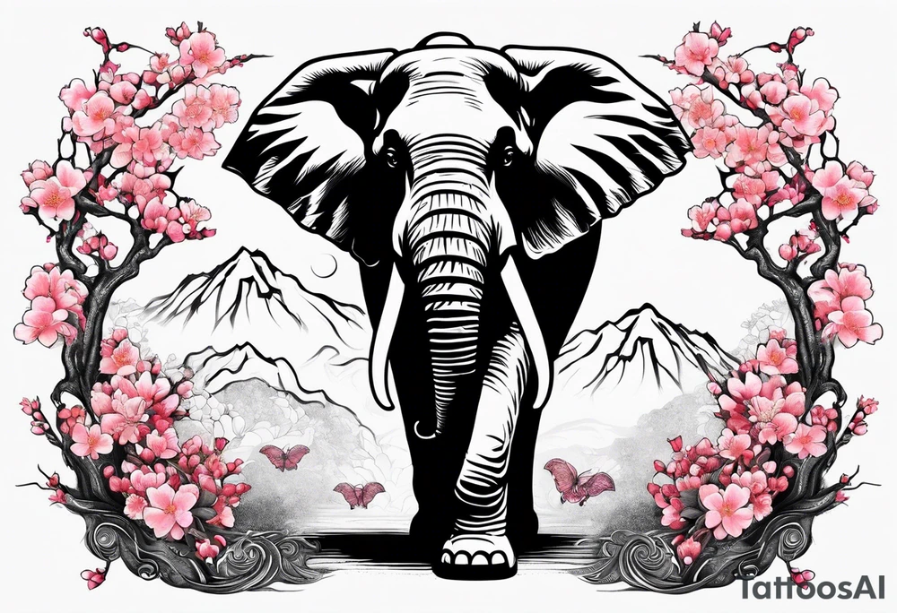 Elephant with cherry blossom tree tattoo idea