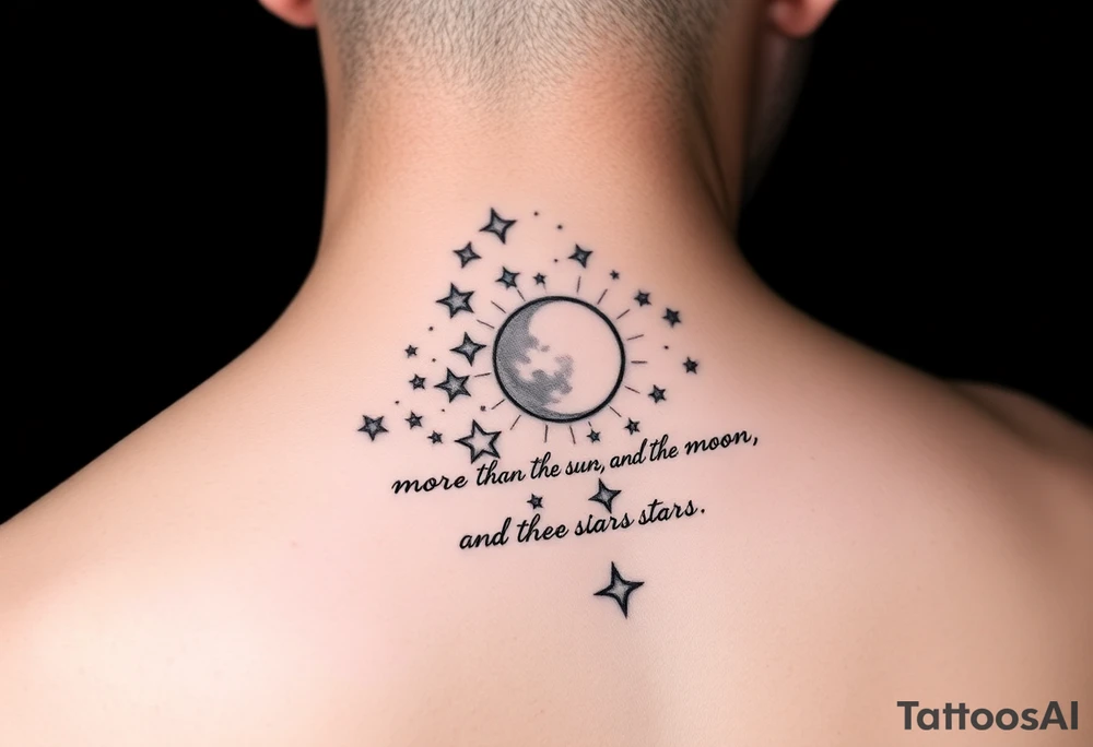 Cascade of stars with moon and sun
Handwritten “more than the sun, and the moon, and the stars”
On collarbone tattoo idea