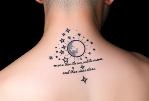 Cascade of stars with moon and sun
Handwritten “more than the sun, and the moon, and the stars”
On collarbone tattoo idea