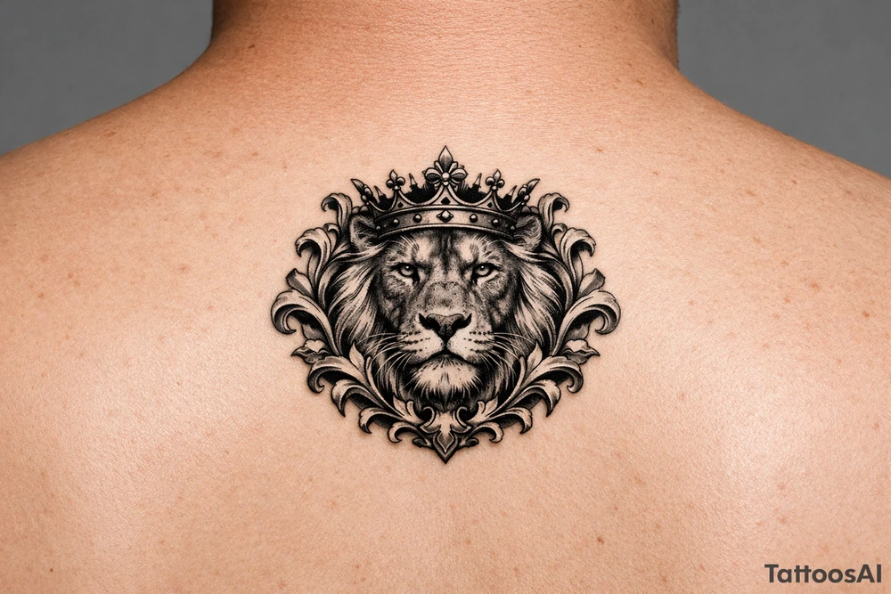 powerful majestic lion with a crown, framed by ornate floral scrollwork tattoo idea