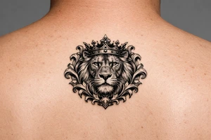 powerful majestic lion with a crown, framed by ornate floral scrollwork tattoo idea