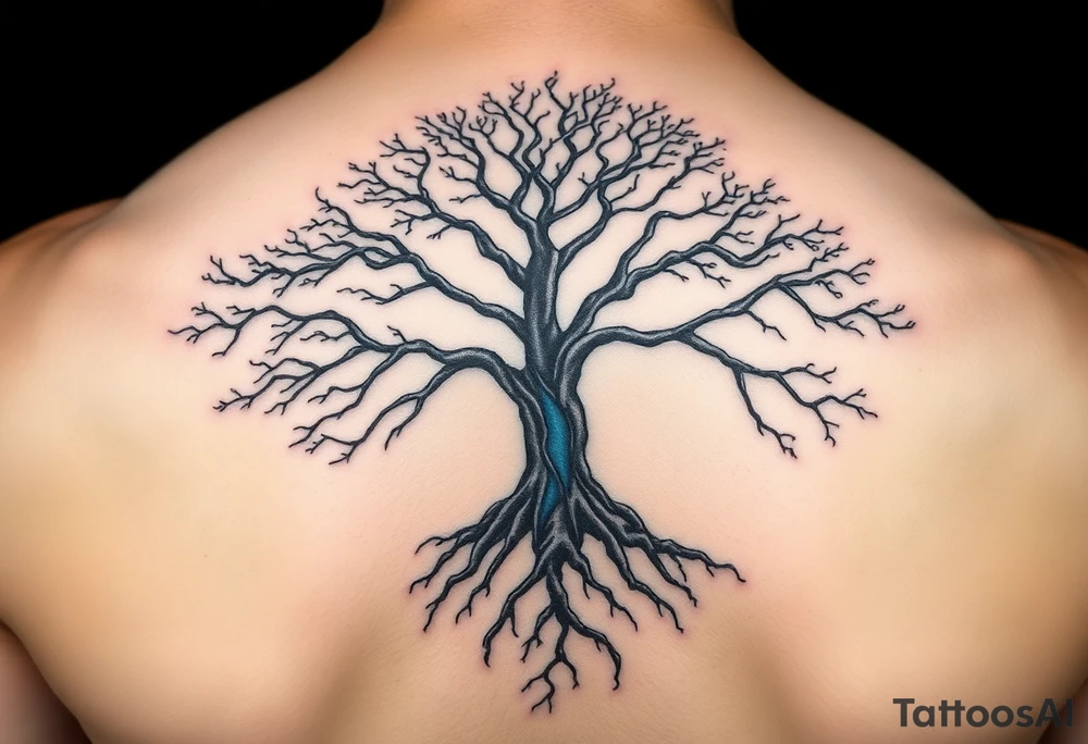 Black and white Tree with roots. Blue water inside the whole tree like veins tattoo idea