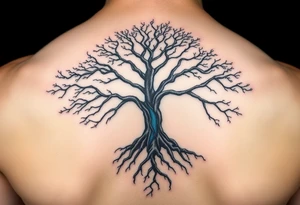 Black and white Tree with roots. Blue water inside the whole tree like veins tattoo idea