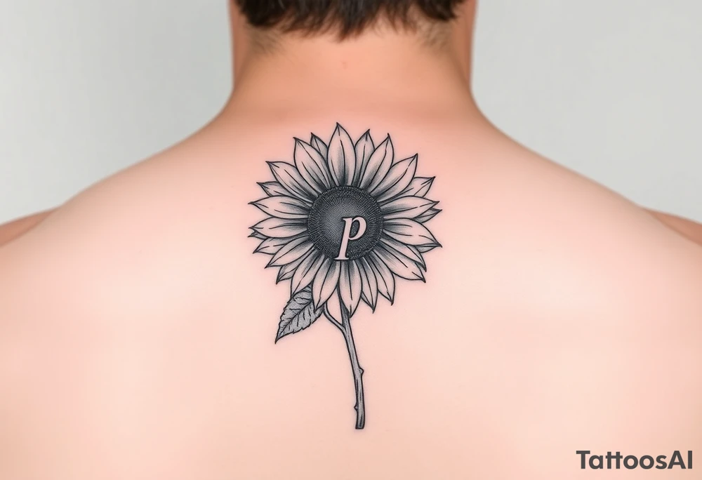 Sunflower with the letter p hidden in the stem, small thin line tattoo idea