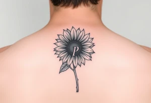 Sunflower with the letter p hidden in the stem, small thin line tattoo idea